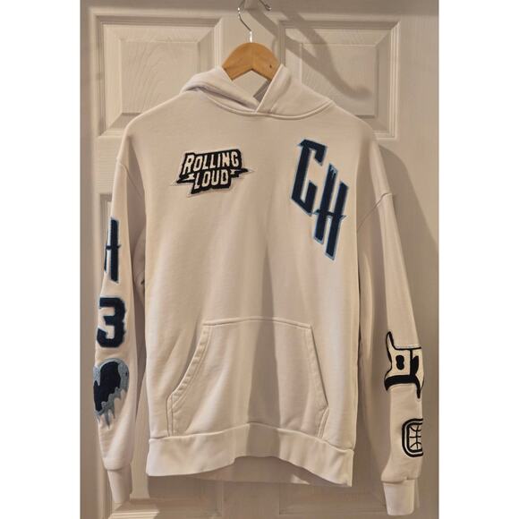 Rolling Loud Gold Hearts Hoodie Sweatshirt White Blue Mens Small Pockets Cotton - Picture 2 of 12